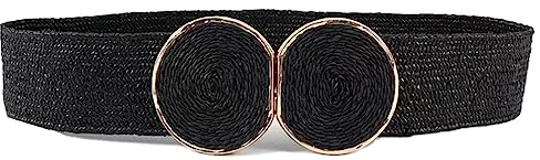 ICGSUQR Stroh gewebte geflochtene breite elastische Taillengürtel für Kleider -Fashion Bohemia Doppel Kreis Schnalle Taillenbänder Damen Gürtel, Schwarz, Waist:26-34Inch