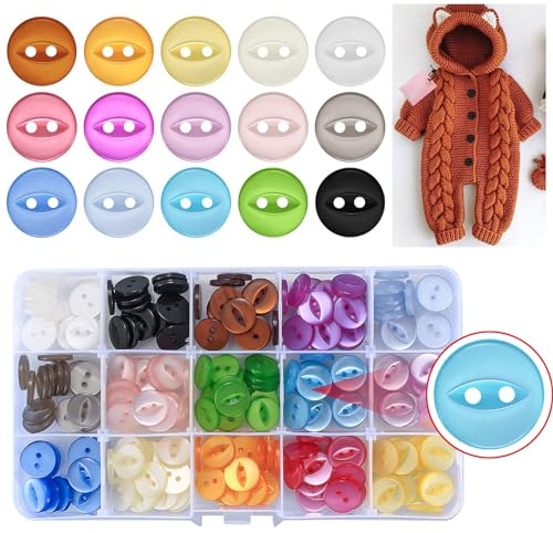225PCS Multi-Color Baby Resin Buttons - 14mm Round Fisheye, 2 Hole for Baby Cardigans - Cream Buttons for Handmade Knitting Sewing (15 Colors)