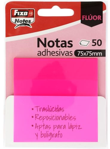 Fixo Notes | Notes adhésives transparentes | 50 notes 75 x 75 mm | Plastique | Fuchsia fluo | Réutilisables et imperméables | Parfait pour les livres scolaires et les documents de bureau