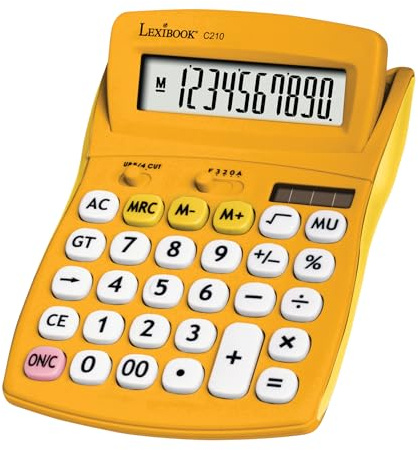 Lexibook, Calcolatrice da tavolo FRUITIES® con display inclinabile, 10 cifre, Funzioni di base e avanzate, Tasti grandi, Alimentazione solare e a batteria, Giallo, C210D