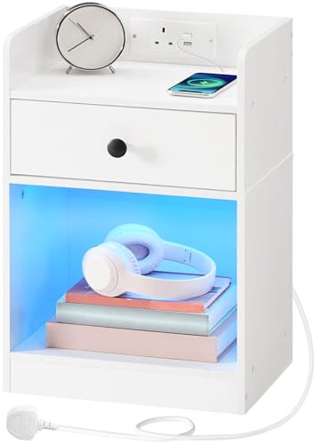HOOBRO Bedside Table with Charging Station and LED Lights, Side Table with 1 Outlet and 2 USB Ports, Nightstand for Living Room, Bedroom, White EWT18KDBZ01G1