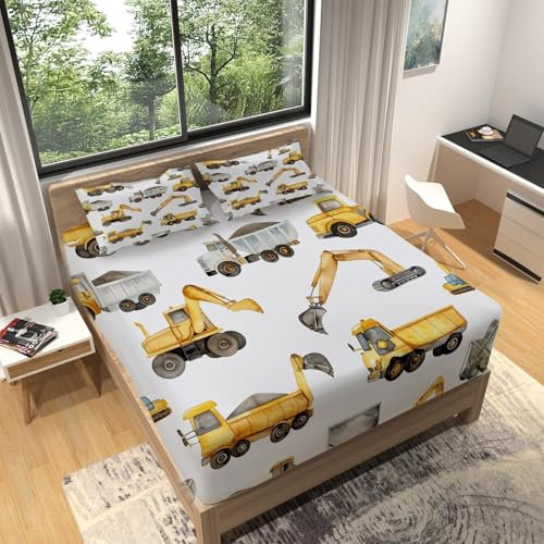 Bagger Spannbettlaken 120x200 cm, Auto Mikrofaser Bettlaken für Kinder Erwachsene, Bettlaken Spannbetttuch 120 x 200 für Matratze bis 30 cm Höhe Mit 1 x Kissenbezügen P2286