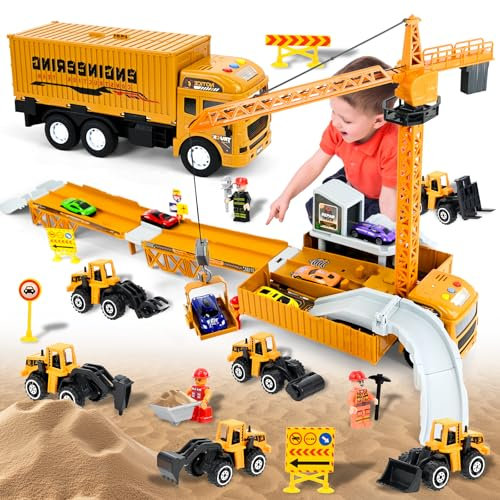 Joellfuner Camion Transporteur Voiture, Jouet de Camions de Remorque Set avec Excavatrice Bulldozer, Rouleau Compresseur, Chariot Élévateur, Véhicules Construction Enfants avec Sons et Lumières