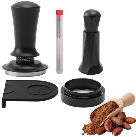 Juego de accesorios de café de 53 mm, juego de accesorios de café espresso 4 en 1 con marcas de escala ajustables, manipulador con resorte, herramienta WDT, embudo dosificador y alfombrilla de