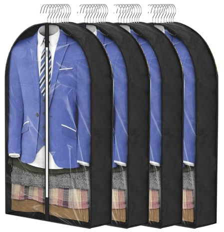 Garment Bags, Breathable 100 x 60 x 10 cm (4 PCS) Suit Jacket Covers Clothes Bags with 10cm Gusset, Clear Window Dust Proof Storage Bags Protector for Suit, Coat, Jacket, Dress Closet Storage Black