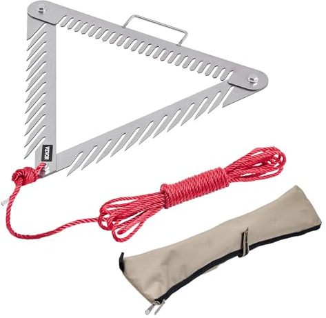 VEVOR Râteau à Mauvaises Herbes Aquatiques, 515 x 540 mm, Râteau Désherbage Lac à 3 Côtés, Coupe Mauvaises Herbes Portable Pliable Acier INOX avec Corde 9 m, Outil de Nettoyage pour Étang, Ruisseau