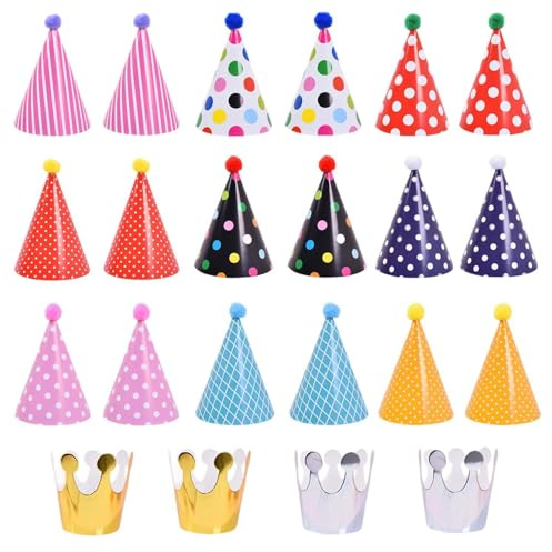 SGSCFG 22 Piezas De Colorido Cumpleaños, Sombrero De Fiesta De Cono De Papel, Sombrero Impreso con Pastel De Dibujos Animados, Decoraciones De Fiesta De Cumpleaños.