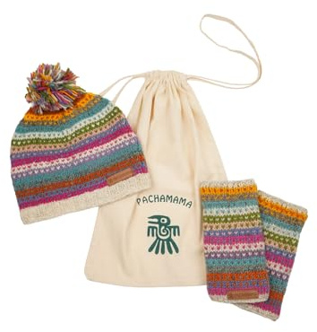 Pachamama kvinnor ull matchande mössa mössa mössa och hand/handledsvärmare 2-pack presentset fleece fodrade handstickade prickar ränder flerfärgad en storlek handgjord extra varm rättvis handel