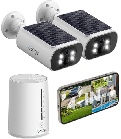 obligz Solar Security Cameras Wireless Outdoor, 4MP Cameras for Home Security Camera System, 64GB Local Storage, No Subscription, Easy Setup, Color Night Vision, 2.4 & 5G WiFi, 2-Cam Kit