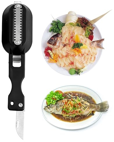 OHYER Raspador Escamas Pescado Removedor para Escalar Peces Utensilios para marisco Escamador de pescado con bandeja de recogida de escamas Para cocinas mercados de mariscos (Negro, 20 * 5,5 cm)