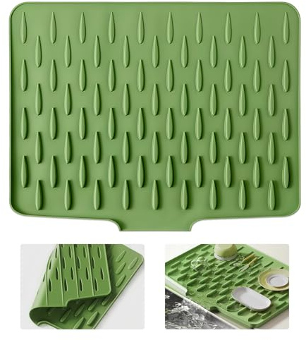 Tappetino Scolapiatti Silicone Con Scolo, 36x28cm Verde, Antiscivolo Tappeto Scolapiatti Cucina, Resistente al Calore Con Efficace Deviazione, per Lavelli da Cucina, Piani di Lavoro da Bagno
