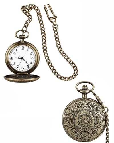 MenYiYDS Reloj de Bolsillo de Cuarzo con Cadena de números árabe clásico y Vintage para Hombres Mujeres Padre Cumpleaños Aniversario Bronce (Bronce)
