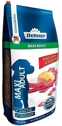Dehner Premium Hundefutter Maxi Adult, Trockenfutter getreidefrei, für ausgewachsene Hunde großer Rassen, Rind / Lamm / Kartoffel, 12.5 kg