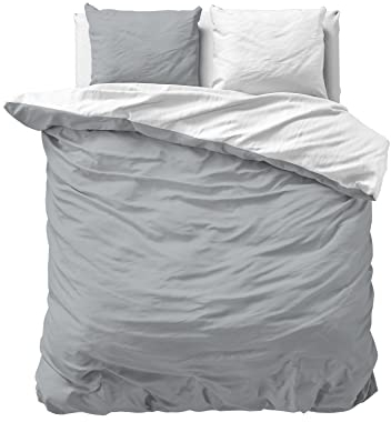 SleepTime Ropa de Cama 100% Algodón 240cm x 220cm Gris/Blanco - Fundas Nórdicas Suaves y Sin Plancha con Botones a presión - Juegos de Camas Bicolor con 2 Funda de Almohada 60cm x 70cm