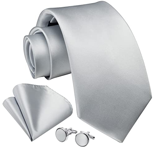 Enlision Grau Krawatte Herren Seide Hochzeit Krawatten und Einstecktuch mit Manschettenknöpfe Set Elegant Einfarbig Seidenkrawatte mit Taschentuch Business Party