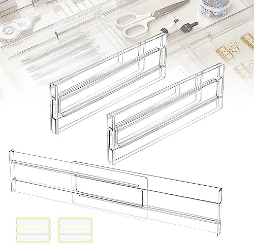 QINERSAW 2 Pezzi Divisori Cassetti Regolabili Separatori per Cassetti in Plastica Trasparente 27,5-52 cm Organizzatore per Cassetti Regolabile per Bagno, Ufficio, Comò, Trucco Conservazione
