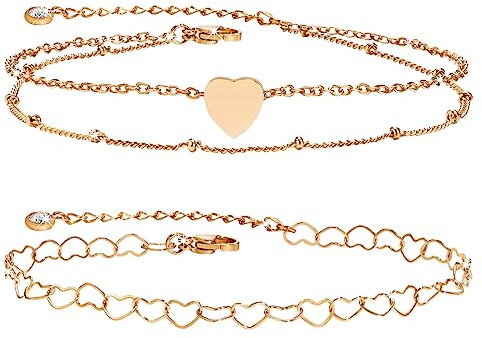 FLHEART Silver hjärta vristlänk för kvinnor – 2 st vattentät hjärtkedja och dubbel vristkedja med kulor för kvinnor flickor justerbar sommar strand sandal barfota vlänk smycken gåvor, 25cm, Metall
