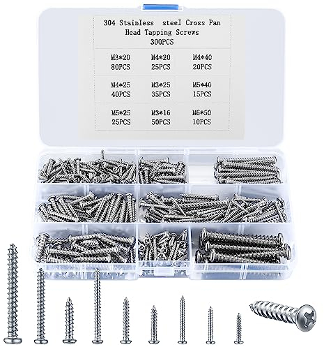 300 Pcs Wood Screws Assortment Set, Self Tapping Screws for Wood, M3 M4 M5 Cross Drive Round Head Screws, Pan Head Fastening Screws for Plastic Wood Soft Metal Home DIY