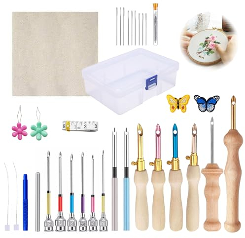 Garqitwan 35Pcs Punch Needle Kit for Beginners, Embroidery Tool, Adjustable Yarn Punch Needles Set, Wooden Handle Embroidery Needle for Sewing DIY Craft