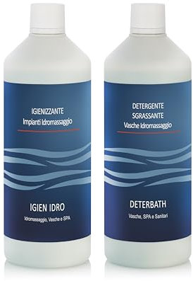 WILMIR SRL Kit 2pz. Pulizia E Manutenzione Vasca IDRO (IGIEN IDRO 1 LT + DETERBATH 1LT), Igienizzante, Detergente e Sgrassante per vasche idromassaggio, Jacuzzi, Teuco, Albatros ECC.