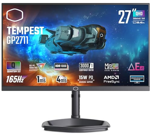 Cooler Master Tempest GP2711 27 Monitor - WQHD (2560x1440), 165Hz, 1ms, VA Panel, 95% DCI-P3 Quantum Dot & 576-Zone Mini-LED, KVM, HDR 1000, 4-Way Stand, DP 1.4, HDMI 2.0, USB Type-C (15W)