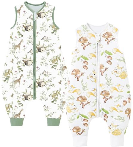 Chilsuessy Baby Schlafsack mit Füße 2er Pack 2.5 Tog Ganzjahres Schlafsack Baby Schlafsäcke Babyschlafsack mit Beinen für Säugling Kinder, 2.5 Tog/Eichhörnchen + Giraffe, 70cm/Baby Höhe 80-90cm