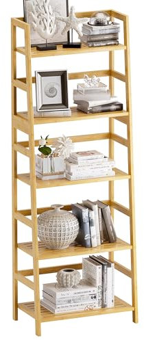 vovala Leiterregal, 5-stöckiges Bücherregal, vollwertiges Bambus-Hochleistungs-Bücherregal, freistehendes offenes Holzregal, moderner Eckständer für Wohnzimmer, Home Office, Badezimmer, Natur