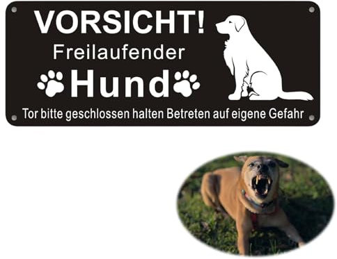 Vorsicht Freilaufender Hund, 10 * 25cm Schwarz Warnschild Achtung Hund Schild, Aluminium Schilder mit Selbstklebend und Vorgebohrten Löchern, Schild Warnung vor Hunds Warnung
