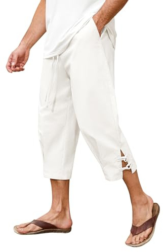 Vijamiy 3/4 Pantaloni Lino Uomo Estivi Leggeri Elasticizzati da Spiaggia per Yoga Moda Casual