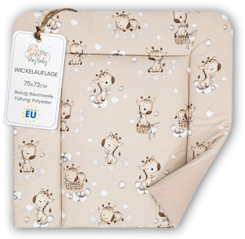 Wickelauflage Wickelunterlage aus Baumwolle 75x72 cm - Weich und waschbar Wickelunterlage für Babys Wickelmatte aus Stoff für Wickeltisch Wickelkommode oder Waschmaschine 75 x 72 Oeko-Tex Giraffen
