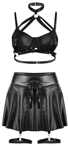 Ausing läderklänning set dam läder linne minikjol PU string mesh festklänning wetlook kostymer festival party rave klubb outfit, svart, M