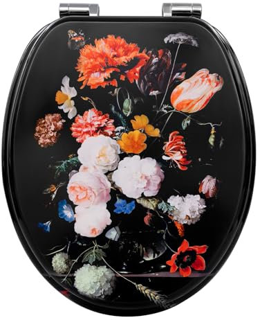 WOLTU Toilettendeckel mit Absenkautomatik Holz, Toilettensitz Klodeckel Klobrille WC Sitz O-Form mit Scharnieren, Quick-Release Funktion für leichte Reinigung, Blumen Motiv
