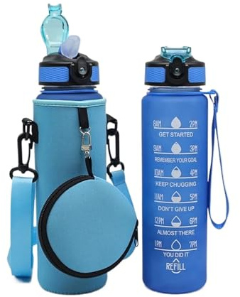 LCKKJHG Vattenflaskväska, 1 000 ml vattenflaska, flaska, väska, mugg, skydd, sport, tumbler, vattenflaska, fodral med huvudväska, campingtillbehör (blå)