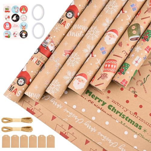 GuKKK Papel de Navidad, 6 rollos 43 cm x 3 m Papel de Navidad, Doble cara con Diseños Navideños, Papal de Regalo kraft con Cinta de Doble cara para Envolver