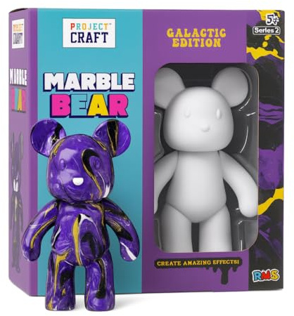 Marble Bear Galactic Edition Craft Kit for Kids – Paint Your Own Resin Bear with 3 Marble Paint Colours Brush Cups Sheet & Spoon – Creative Arts & Crafts Gift Set Birthday Present DIY Pouring Kit