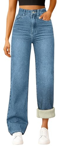 Generisch Pantalones vaqueros térmicos para mujer, forro polar, pantalones vaqueros anchos, cintura alta, pantalones vaqueros rectos de pierna ancha, pantalones vaqueros Y2K con bolsillos, para mujer