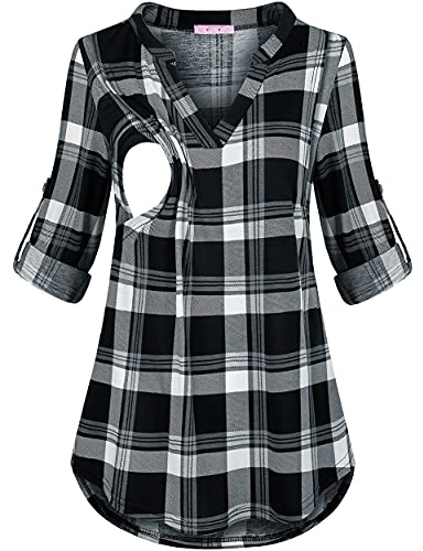 Joymom Maternity Blouses,Womens Long Sleeve V Neck Plaid Nursing Shirts Misses Double Layer Aline Flare Breastfeeding Tops Slim Black White Medium Pretty Clothes