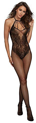 Dreamgirl Women's Plus Size Fishnet Bodystocking with Knitted “Teddy” Design and Strappy Neckline