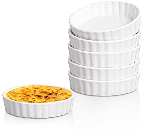 Delling Creme Brulee Ramekins - 6 Piece Set, 8 oz Round Fluted Quiche Dishes, Oven Safe, White