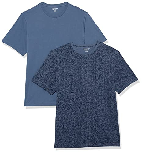 Amazon Essentials T-shirt en Coton à Col Rond à Manches Courtes, Coupe Classique Homme, Lot de 2, Bleu Délavé/Bleu Marine Imprimé Fleuri, M