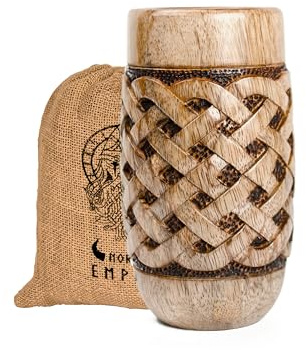 NORSE EMPIRE Wooden Beer Cup 16Oz (chainmail Pattern) 100% Handcrafted Beer Stein | Viking Mug for men | Beer accessories for men | Viking Gifts for Men | Includes Medieval Gift Sack | Giftable