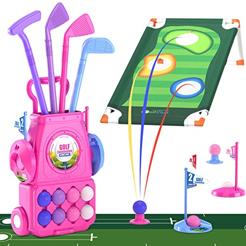 QDRAGON Golf Spielzeug Set für Kinder, Mini Golfkoffer mit 4 Golfschläger und 8 Bällen Mini Golf Spielset Kinderspiele Geschenk für Kinder, Mädchen 3 4 5 6 Jahren Rosa