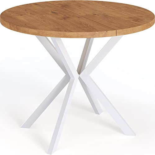 WFL GROUP Runder Ausziehbarer Esstisch für 6-10 Personen - Loft Style Tisch mit Weißen Metallbeinen - 90 bis 120 cm - Industrieller Tisch für Wohnzimmer - Spacesaver - Lancelot Eiche - 100 cm