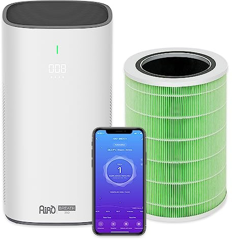 Purificatore d'Aria per Allergie e Asma, Filtro HEPA 12, ionizzatore, CADR 350 m³/h, elimina Acari Polveri Pollini Odori, Modalità silenziosa (Purifcatore + 2 filtri HEPA), Breath 350 Aertecnica