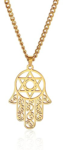EUEAVAN Hamsa Hand der Fatima Hexagramm Halskette Davidstern Böses Auge Anhänger Jüdisch Weiblich Schutz Amulett Symbol Schmuck Frauen Männer (gold)