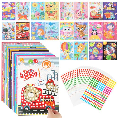 Juego de manualidades de mosaico para niños, 20 piezas de cuadros de mosaico con puntos adhesivos, cartón de puntos adhesivos coloridos para manualidades, rompecabezas de arte hecho a mano, pegatinas