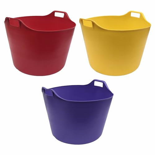 JMS we create smile Set of 3-75l Litre Flexi Tub Extra Large Planter Storage Container Washing Basket Trug Colourful Bucket Rubber Flexi Tub For Home Garden (Purple, Yellow & Red)