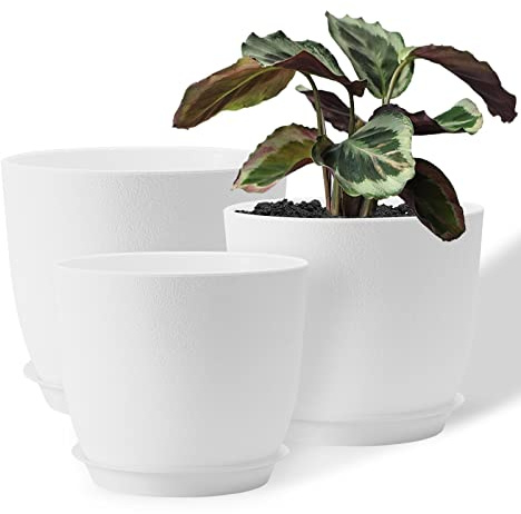 FORAGIFT Krukor för inomhusväxter på 25/23/20 cm - Set med 3 inklusive dräneringshål och underlägg, Dekorativ modern vit plast