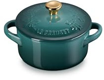 Le Creuset Stoneware Holly Collection Mini Round Cocotte, 8 Oz, Artichaut with Gold Knob
