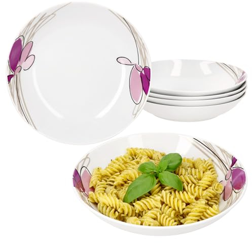 MamboCat Viola Lot de 6 assiettes creuses I 450 ml I Vaisselle en porcelaine avec décor floral pour 6 personnes I Assiettes creuses pour salade, soupe, céréales, pâtes, etc.